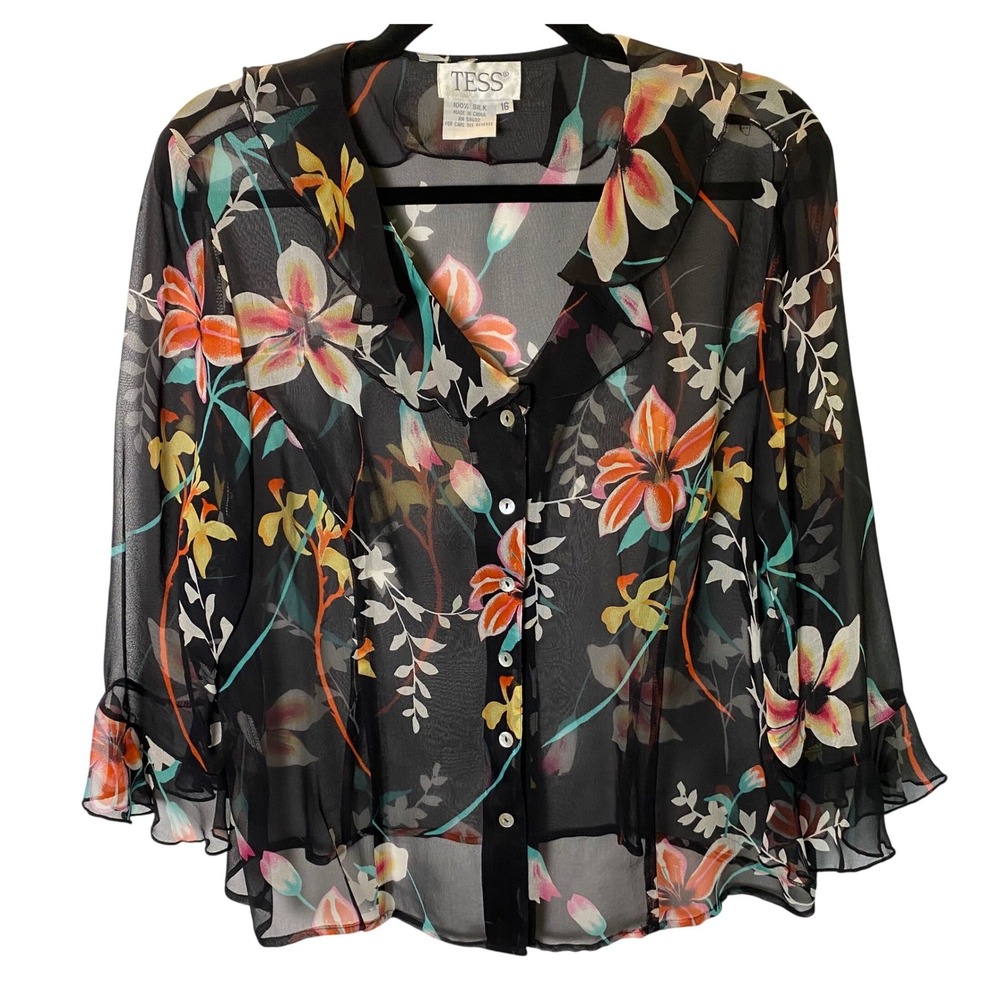 Vintage Tess Silk Sheer Floral Blouse Women 16 Ruffle Whimsigoth Chic Tropical
